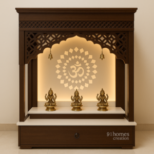 Wooden Mandir with Marble Top and Bells with backlit Om and white marble base