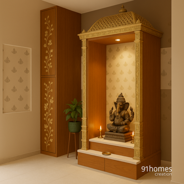 Compact pooja unit in teakwood with bronze idol and floral design