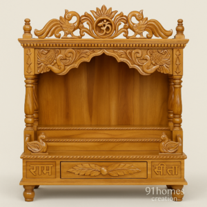 Golden Brown Wooden Mandir with carved Om symbol, peacock motifs, and drawer base.