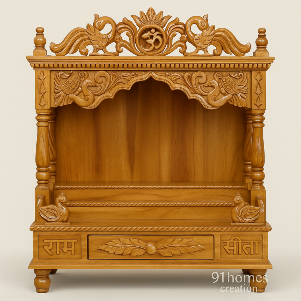 Golden Brown Wooden Mandir with carved Om symbol, peacock motifs, and drawer base.