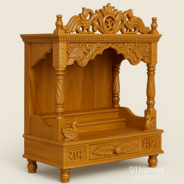 Traditional square pooja mandir in polished honey wood with ornate pillars and jaali work.