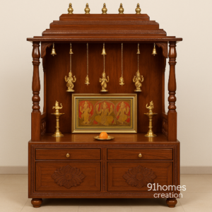 Wooden Mandir with Carved Drawer in matte polish finish.