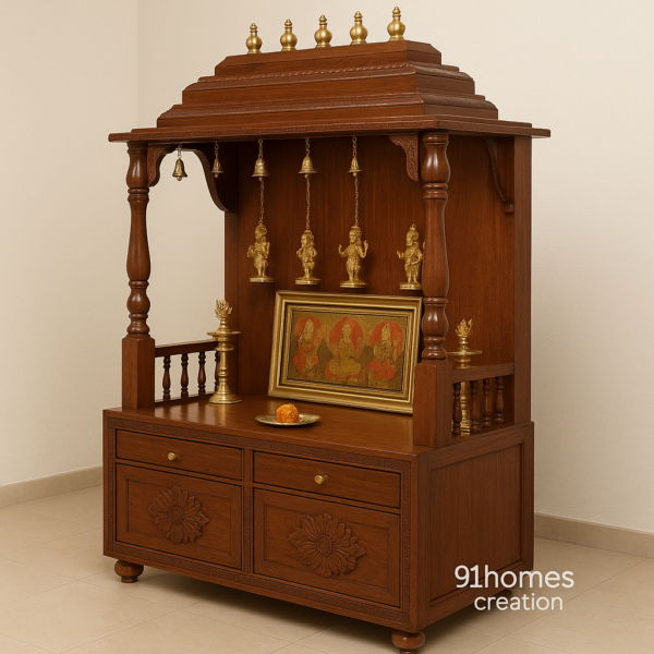 Traditional wooden home temple with turned pillars, golden finials, and brass idols in natural brown duco finish.