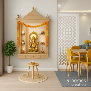 Light wooden wall mandir decorated with marigold garlands and brass accessories.