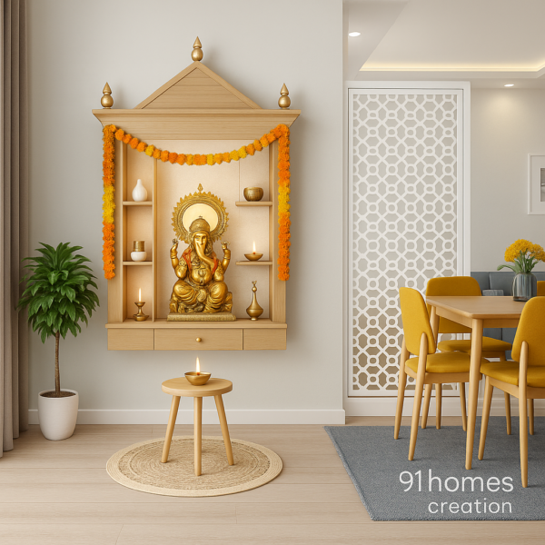Light wooden wall mandir decorated with marigold garlands and brass accessories.