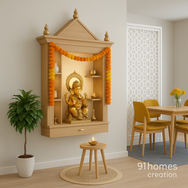 Side view of wooden wall-mounted pooja mandir with golden Ganesha idol