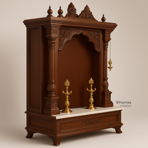 Side view of rich teak finish Hindu altar with intricate woodwork and brass lamps.