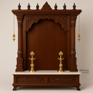 Wooden Mandir with Carved Arch and curved pillars.
