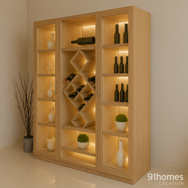 Contemporary wooden display cabinet with bottle storage, ceramic décor, and illuminated shelves.