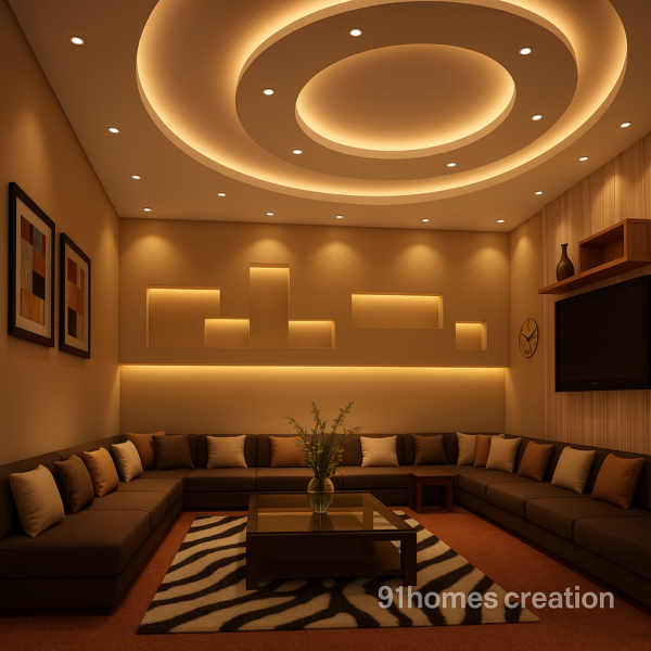 Beige Circular False Ceiling with led lights