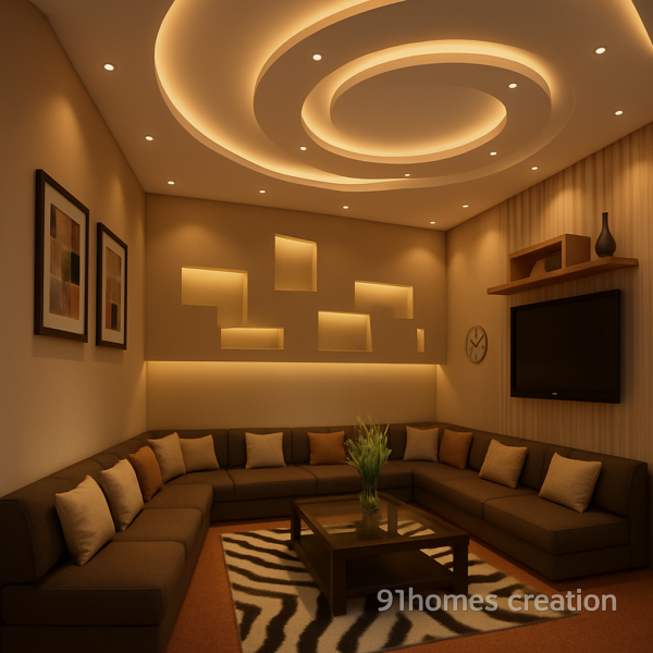 Ambient-lit gypsum ceiling with recessed lighting and L-shaped sectional sofa