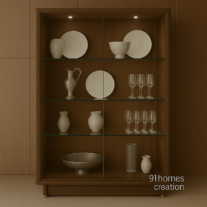 Dark Walnut Glass Crockery Unit with LED and Gold Base
