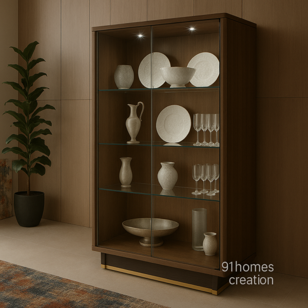 Square glass cabinet in walnut finish with glass shelves and metallic handles.