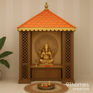 Front view of wooden mandir with orange roof and golden Ganesha idol