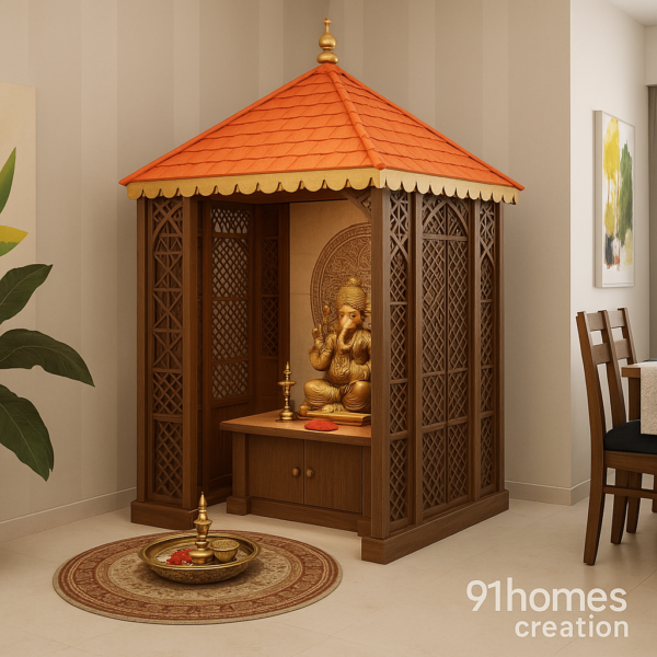 Traditional home temple with carved wood jaali and circular brass decor