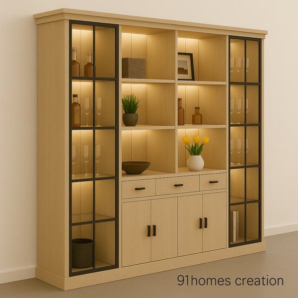 Modern wooden crockery cabinet with black-framed glass display shelves