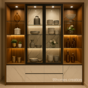 Walnut Finish Crockery Unit with Glass Doors & Marble Base