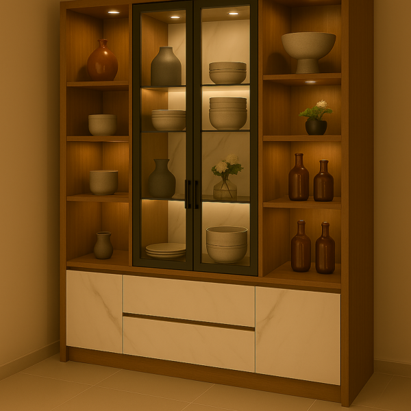 Glass-front wooden crockery cabinet with ceramic decor and warm spotlights.