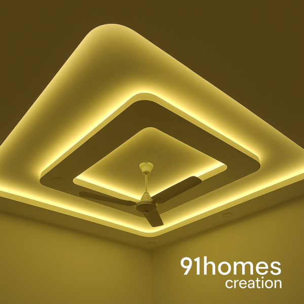 Recessed layered false ceiling with warm ambient lighting and ceiling fan