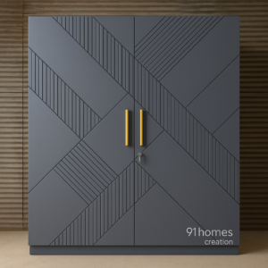 Modern matte grey wardrobe with golden handles and geometric grooves
