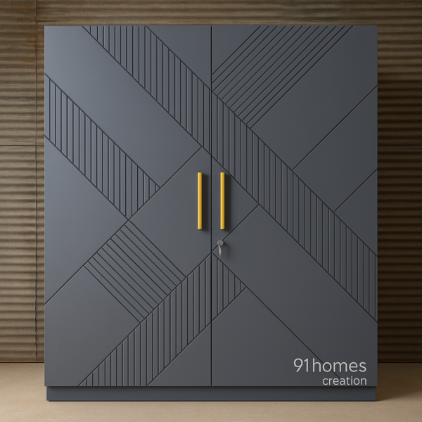 Modern matte grey wardrobe with golden handles and geometric grooves