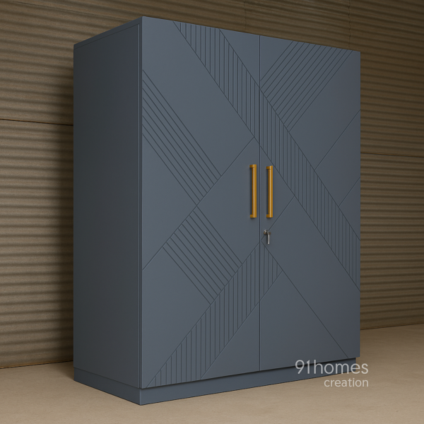 Side view of contemporary grey wardrobe with line pattern and sleek finish