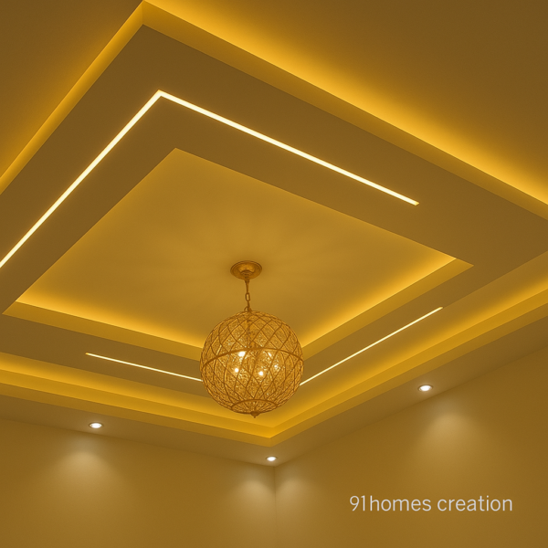 Modern square tray ceiling with warm yellow lighting and metal mesh chandelier