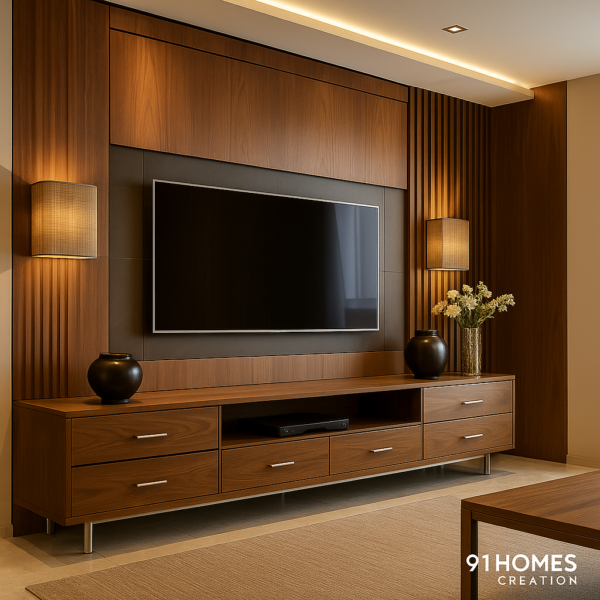 Wall-mounted Contemporary TV Unit featuring warm wood finish and storage.