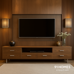 Contemporary TV Unit with fluted walnut panel and floating drawers.
