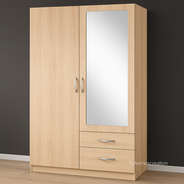 Modern freestanding wooden wardrobe with full mirror and silver handles