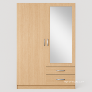 Light oak two door wardrobe with mirror and drawers in matte finish