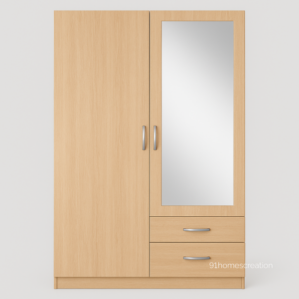 Light oak two door wardrobe with mirror and drawers in matte finish