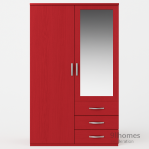 Red matte wardrobe with mirror and silver handles