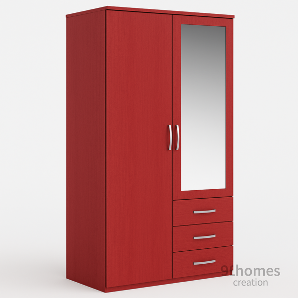Modern freestanding red wardrobe with drawers and full-length mirror