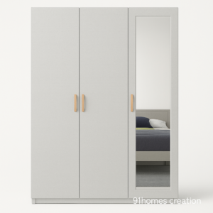 Light grey three door wardrobe with full-length mirror and wooden handles
