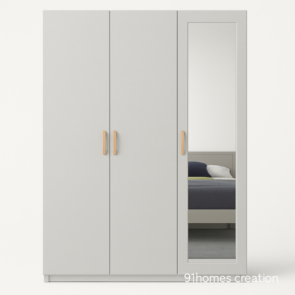 Light grey three door wardrobe with full-length mirror and wooden handles