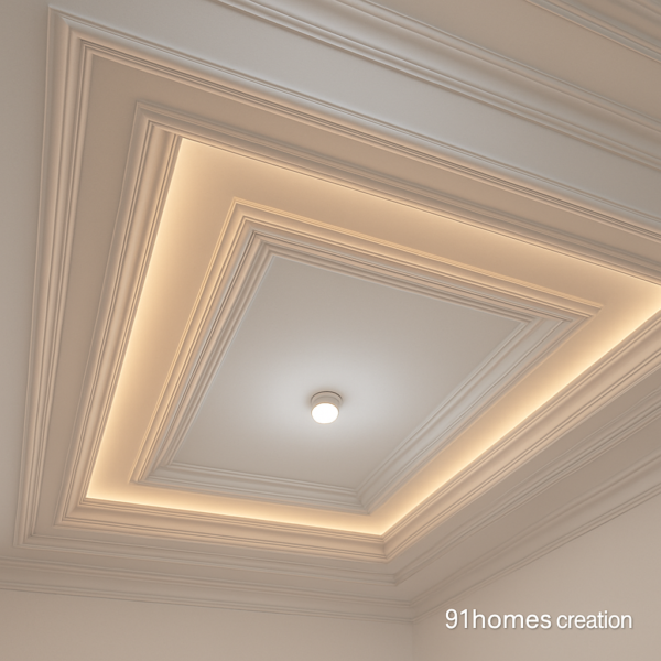 Layered gypsum ceiling in square shape with recessed lighting