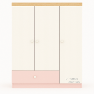 Light pink and off white wardrobe with oak top and round knobs