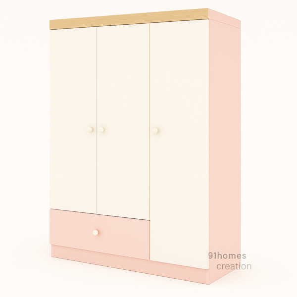 Modern engineered wood wardrobe in pastel finish with storage drawer