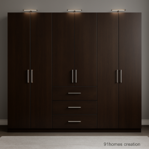 Dark brown matte wardrobe with metal handles