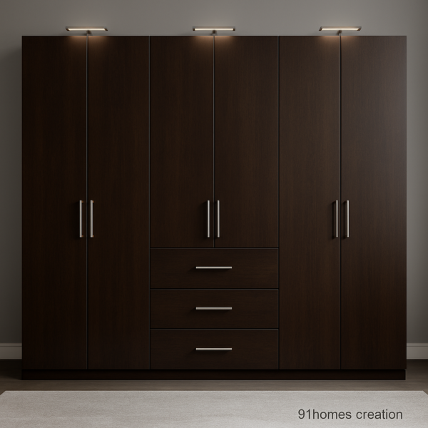 Dark brown matte wardrobe with metal handles