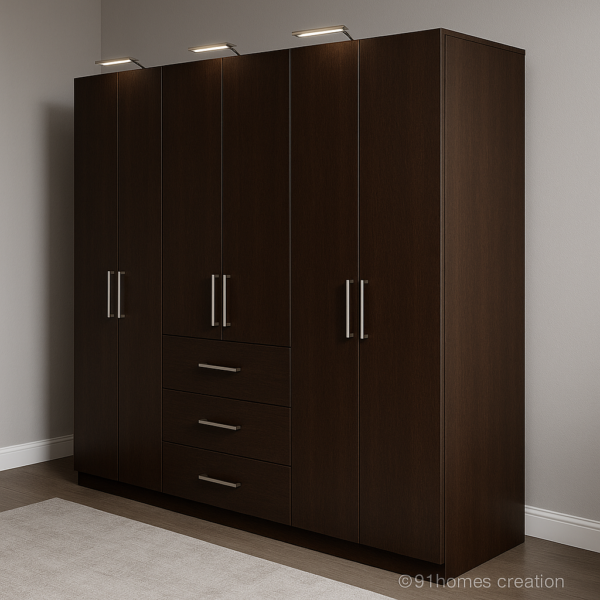 Side angle of a five-door dark wood wardrobe with drawers