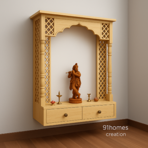 Wooden teakwood wall-mounted pooja mandir with lattice sides and Krishna idol.