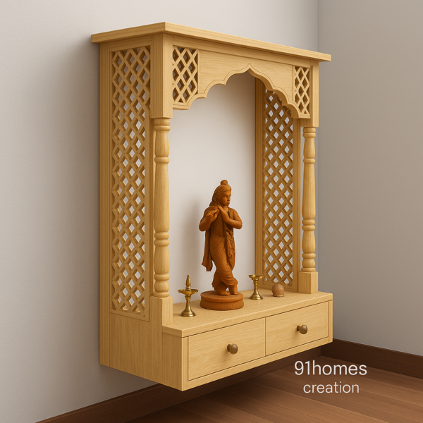 Light brown teak wood temple unit with arch design and drawers.