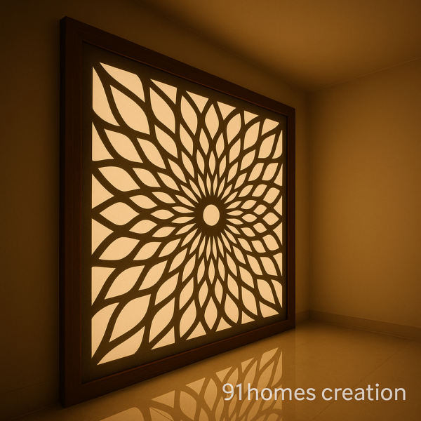 Backlit floral mandala ceiling with beige light and dark wood frame