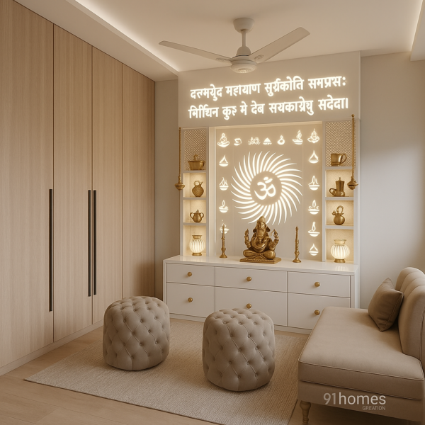 Square-shaped mandir design with beige seating, tufted stools, and wooden floor finish