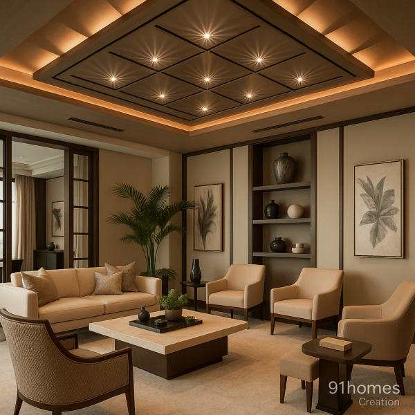 Beige coffered ceiling with square patterns