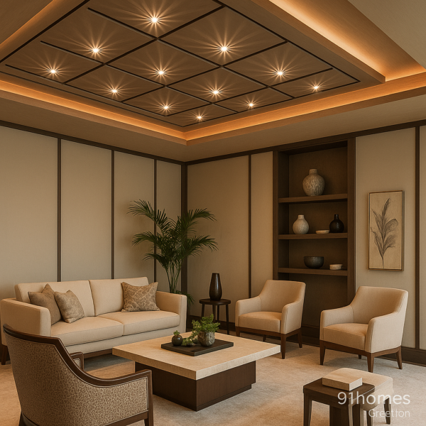 Beige coffered ceiling with wooden grid and LED spotlights
