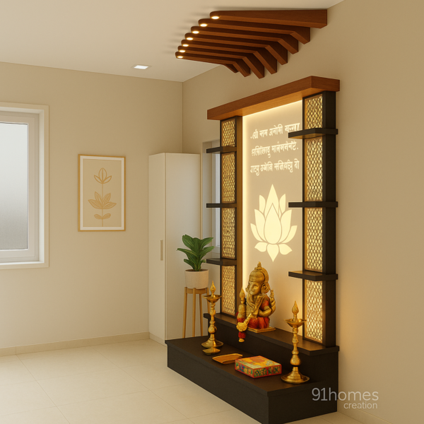 Compact wooden temple with brass Ganesha, side shelves, and jaali-lit column
