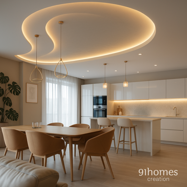Wave-inspired ceiling with in dining area